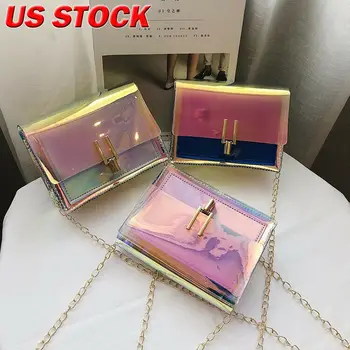 

Fashion Women Crossbody Shoulder Messenger Bag mini PUTransparent Outdoor Hasp Buckle Tote Purse Bag Chain Laser Shoulder Bag