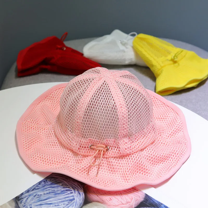 New Children Sunscreen With Net Bucket Hat Girl Solid Color Breathable Sun Hat Summer Boy Outdoor Adjustable Fisherman Hat shake baby's hand Baby Accessories