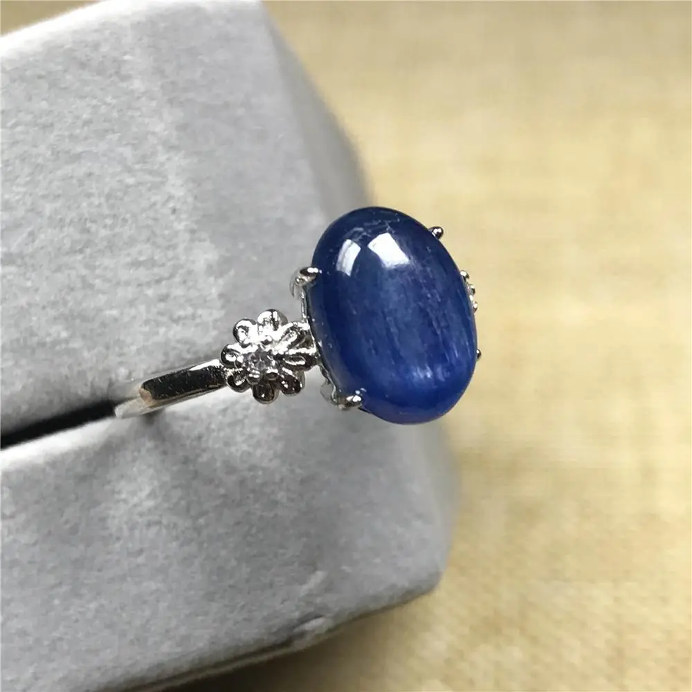 

11x8mm Natural Blue Kyanite Ring Jewelry For Woman Lady Man Beads Cat Eye Crystal Silver Prong Setting Adjustable Ring AAAA