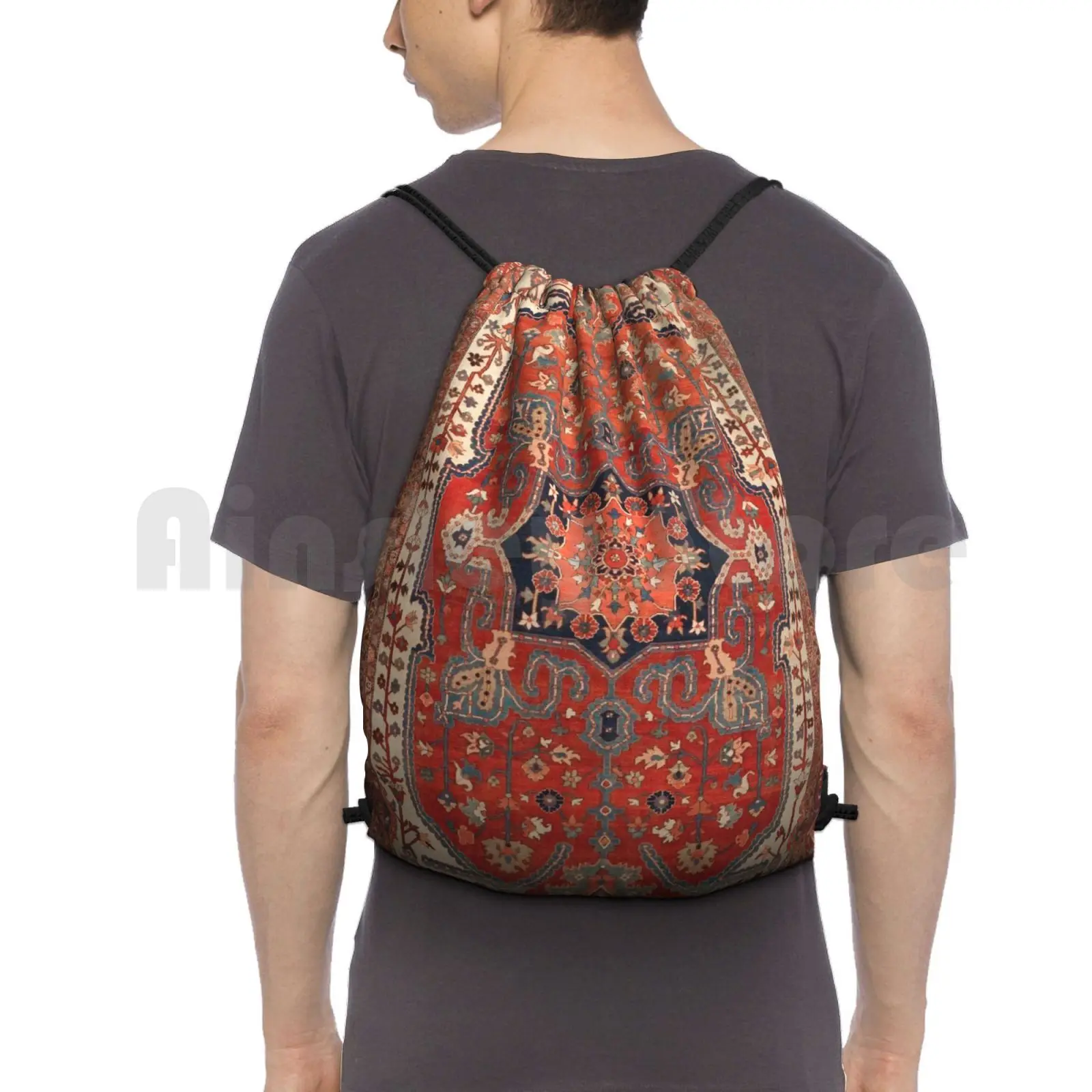 

Heriz Persian Carpet Print Backpack Drawstring Bag Riding Climbing Gym Bag Persian Rug Carpet Heriz 19Th Century Northwest