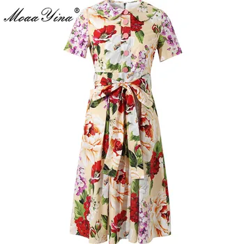 

MoaaYina Fashion Cotton dress Summer Women's Dress Short sleeve Floral-Print Single-breasted Lace up Vacation Cotton Dresses