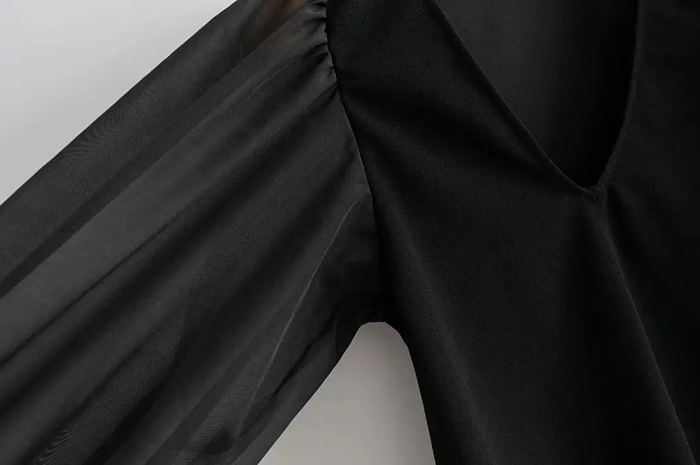 Женская сексуальная черная блузка с глубоким v-образным вырезом, Лоскутная прозрачная эластичная рубашка с рукавом, женские шикарные Стильные топы, блузы