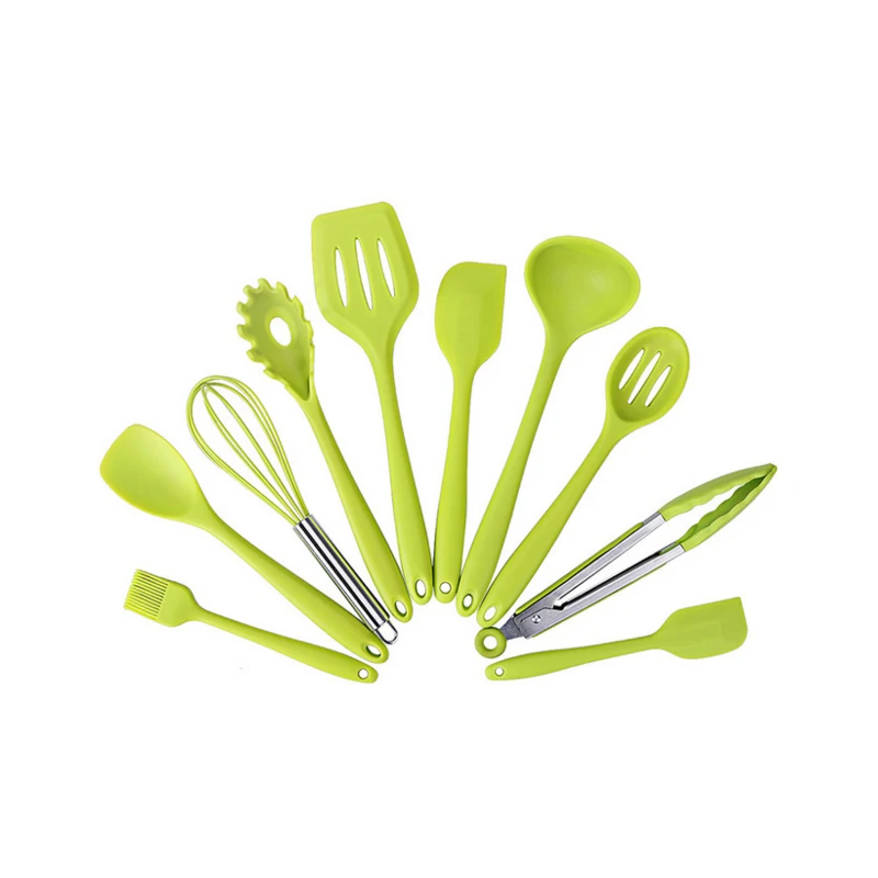 Силиконовые ложки наборы посуды, силиконовый шпатель Тернер, щелевая ложка, половник, ложка шпатель силиконовые кухонные принадлежности, кухонные инструменты - Цвет: GREEN 10 PCS