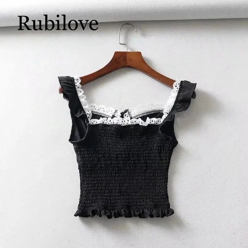 Rubilove Ruffle Trim White Lace Up Sexy Crop Top Women Tank Top Femme Backless Spaghetti Bralette Crop Tops Shirts