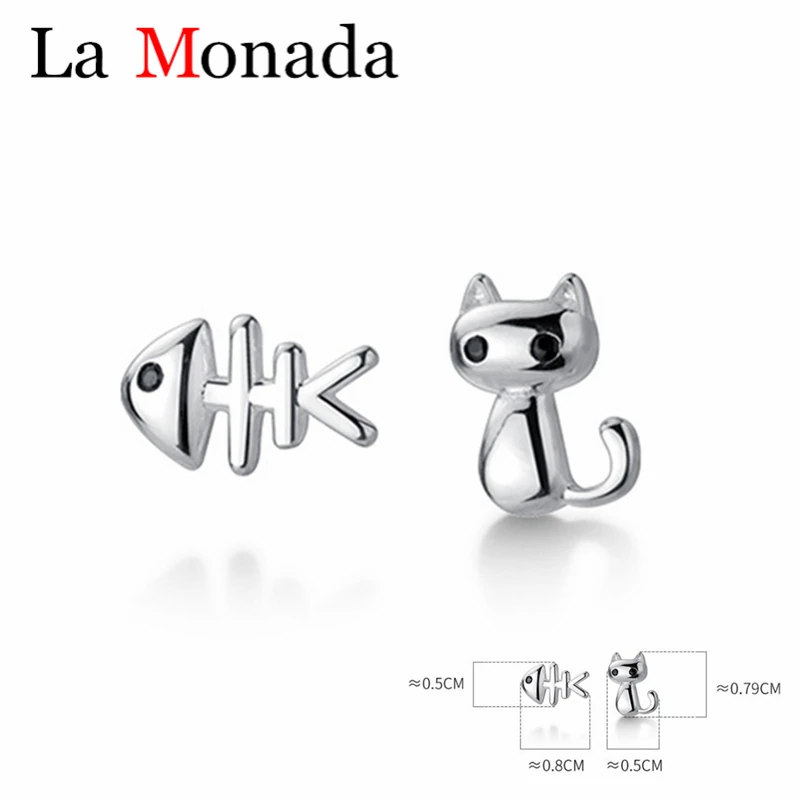 Pendientes asimétricos de Plata de Ley 925 para niños, con cierre de tuerca de hueso de pescado y gato, joyería antialérgica para bebés y estudiantes