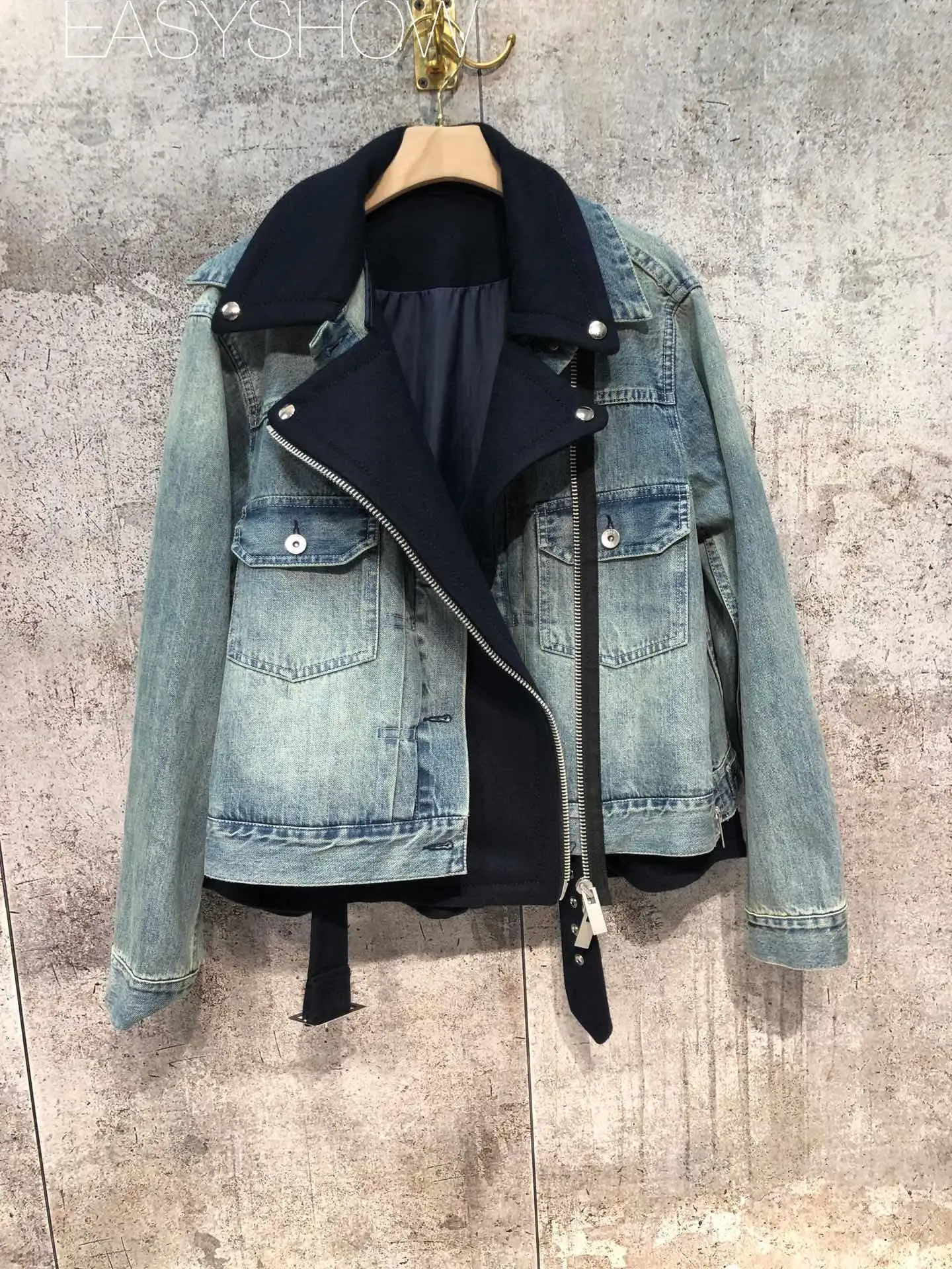 

1105 New Autumn And Winter Fake Two Pieces Of Patchwork Denim Coat Imported Wool Material Patchwork Water Color Cowboy