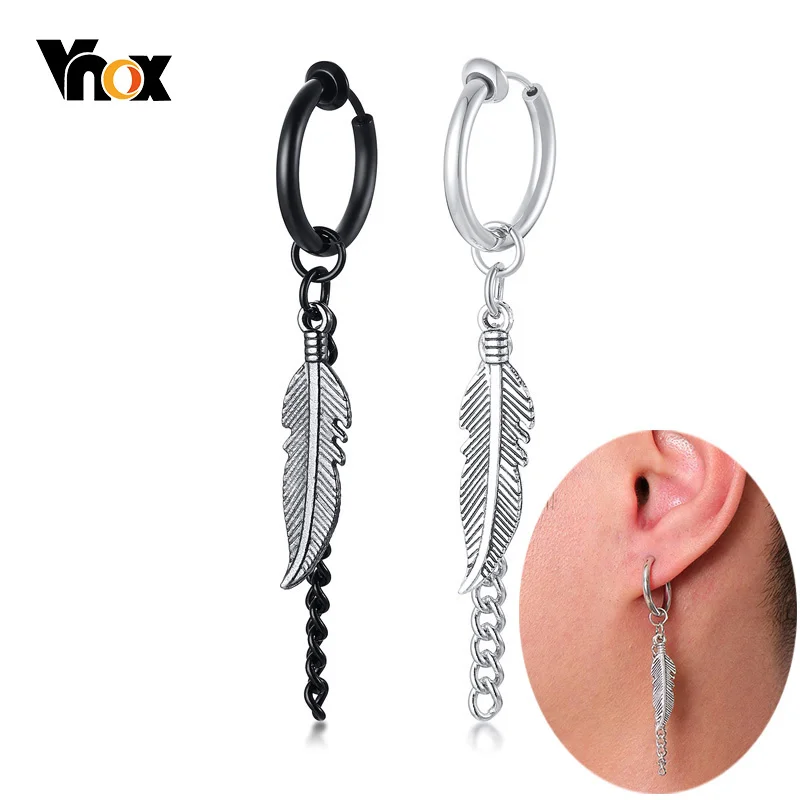 Vnox 1 Piece Stylish Feather Style Long Dangle Earrings for Men Anti