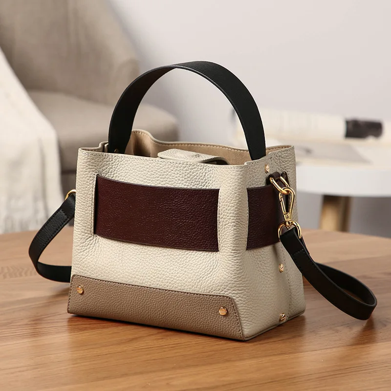 

Bag WOMEN'S Bag New Style 2019-Style Contrast Color Genuine Leather Bucket Bag WOMEN'S Handbag Shoulder WOMEN'S Bag