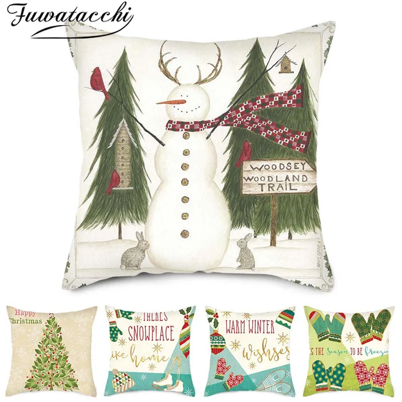 

Fuwatacchi Snowman Cushion Covers Polyester Pillow Covers Xmas Bell Tree Gift for Home Sofa Decorative Throw Pillowcases 45*45cm