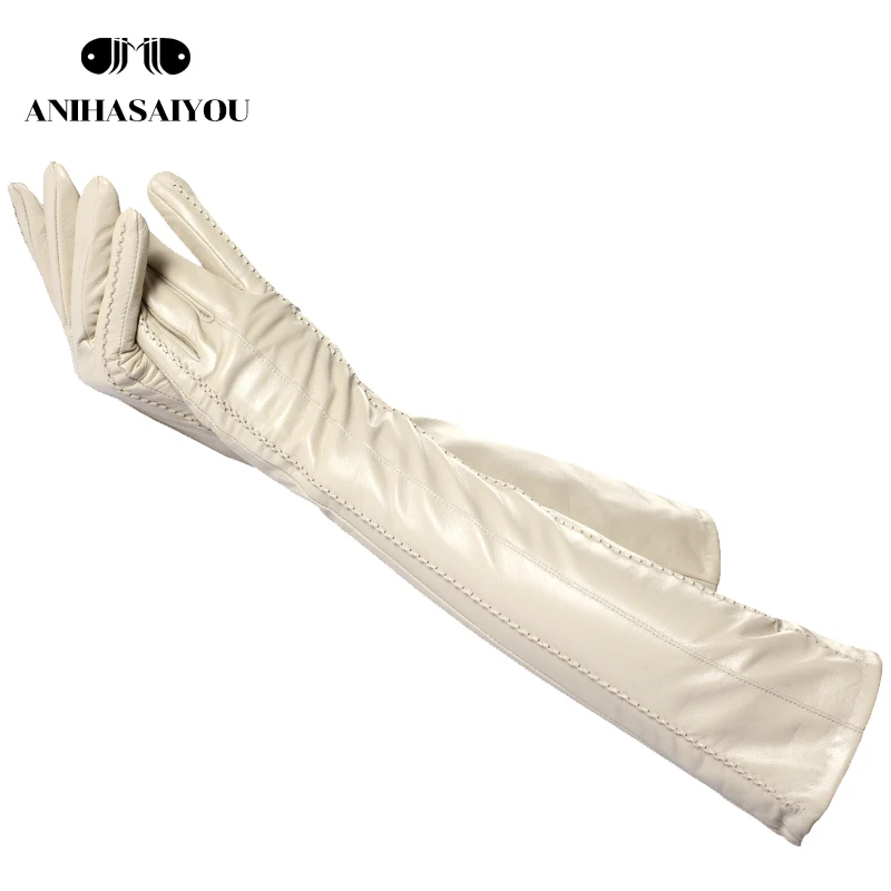 Fashion beige long leather gloves,high-grade long leather gloves women,winter genuine sheepskin women's long gloves - CSD2-50CM brand genuine leather women gloves fashion elegant lady sheepskin gloves high quality goatskin glove plus velvet 860