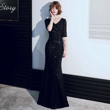 

AE597 Robe De Soiree Black Mermaid Evening Dresses Long V-Neck Sequined Tulle Sexy Formal Party Gowns