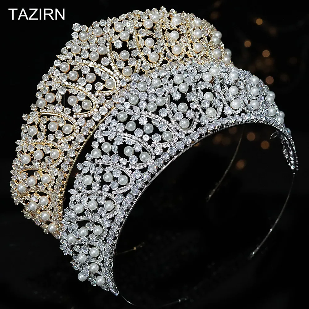 

Cubic Zirconia Pearls Princess Bridal Wedding Crowns and Bead Bride Tiaras Pageant Hair Jewelry CZ Party Headpieces for Women
