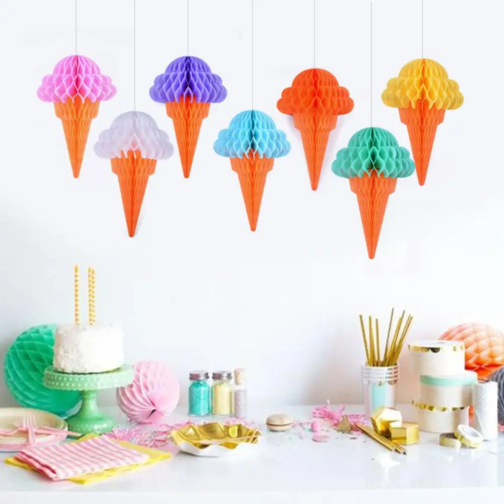 Ice Cream Summer Party Decoration Honeycomb Hanging Decor Boy Birthday Baby Shower Tropical Hawaiian Ice Cream Banner Supplies