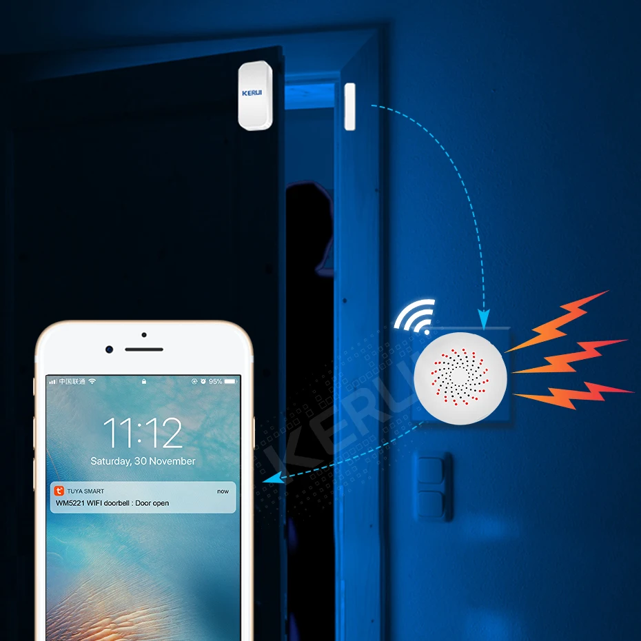 KERUI WM5221 Tuya Smart WIFI Home Security Alarm System WIFI DoorBell 52 Songs APP Control Wireless  Door Sensor Burglar Alarm
