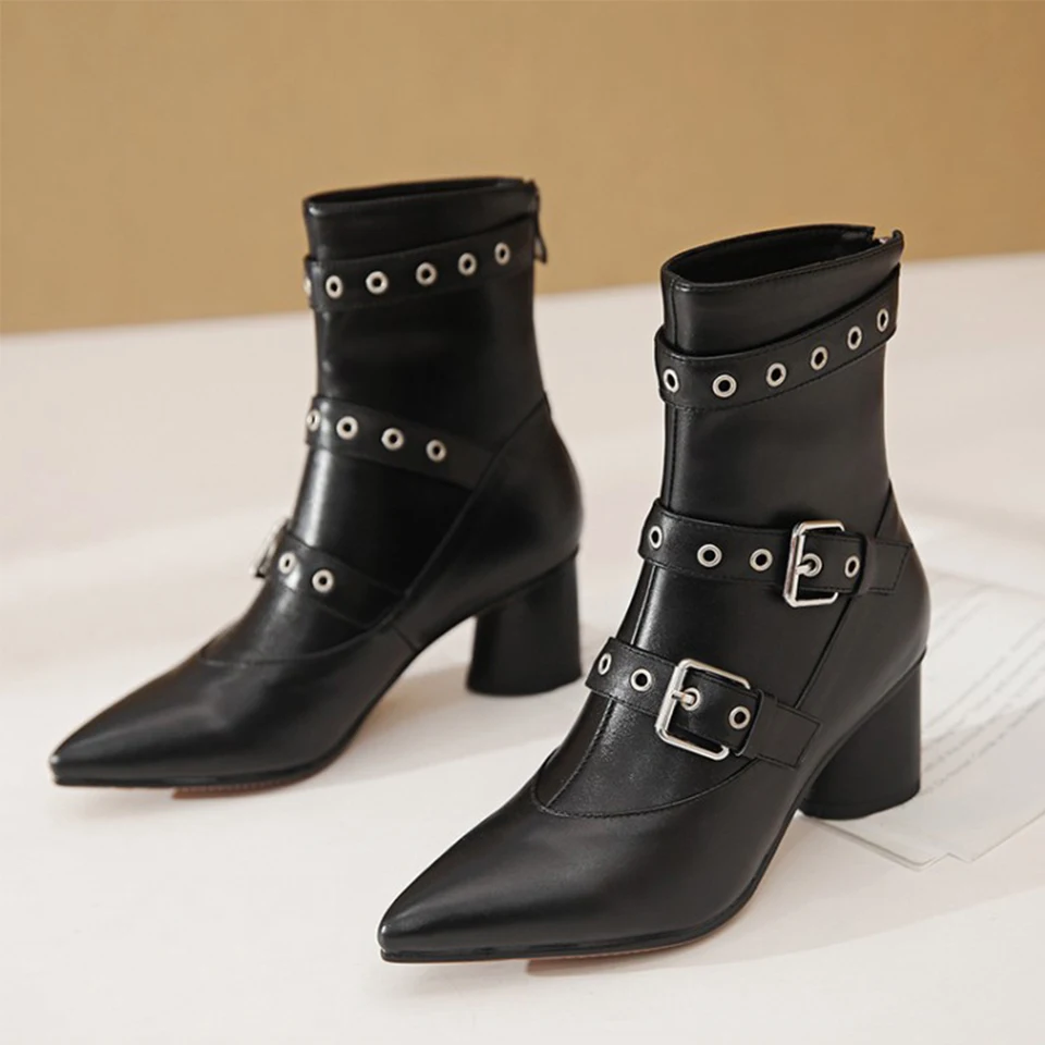 

BELLECOM Autumn and winter new British style retro thick heel pointed short boots high heel versatile motorcycle boots