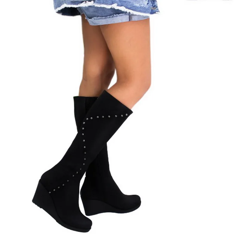 MoneRffi/женские ботинки; высокие сапоги; зимние сапоги до колена с заклепками; Botas Mujer; женская обувь; Botas Mujer; коллекция года; Прямая поставка
