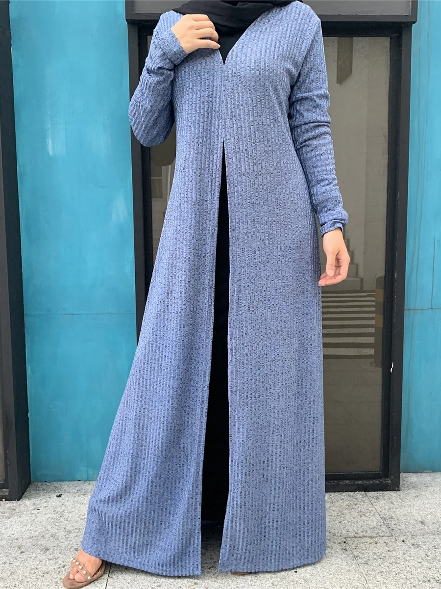 1853#Latest Modest Fashion Knit Fabric Front Open Abaya - CHAOMENG MUSLIM SHOP