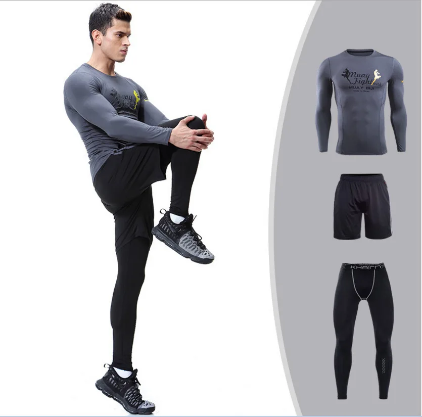 

2018 New Style Fitness Three-piece Set Men Ultra-stretch Tight-Fit Quick Drying Clothes Gym Training Sports Jogging Suits Set