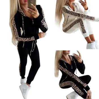 

Women's Sport Clothes Two Pieces Set Spring Fall Casual Loose Leopard Hooded Jacket Long Harem Pants Fitness Set For Females