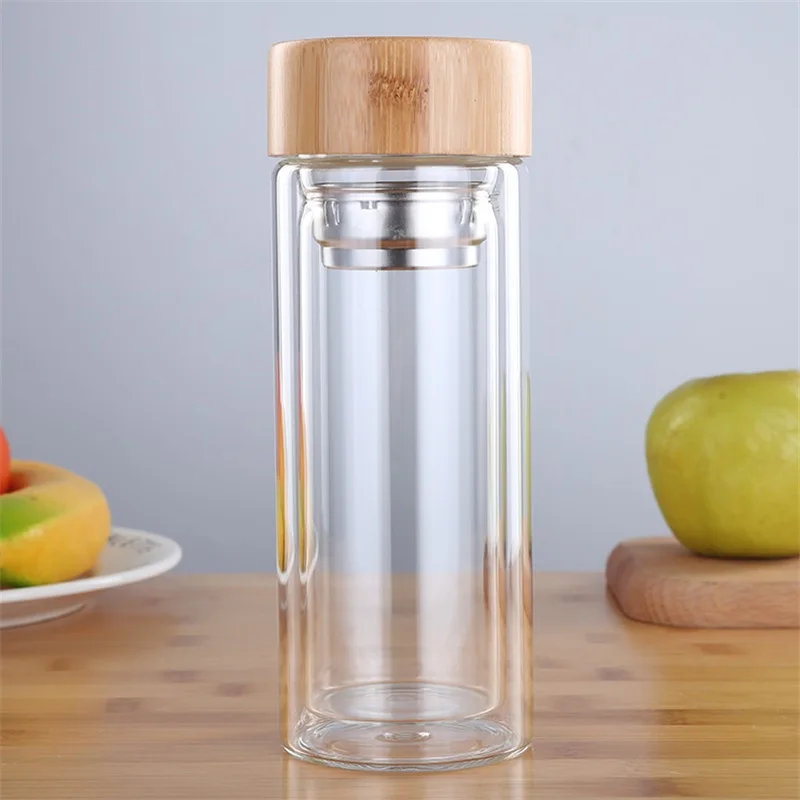 garrafas de água de vidro dobro da parede com filtro de aço inoxidável garrafa de bebida de vidro do infuser do chá da tampa de bambu
