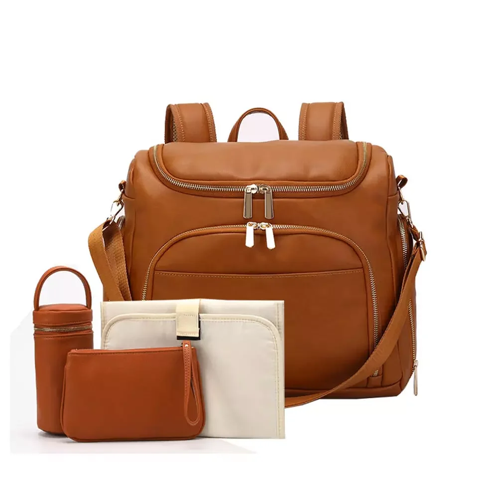 

PU Leather Baby Diaper Bag Backpack Large Capacity Changing Bags Pad Stroller Straps Insulation Cosmetic bag for Maternity