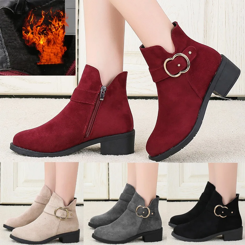 

2020 Boots winter Fashion Women Suede Square Heel Zipper Shoes Keep Warm Snow Boot Round Toe Boot Mujer Warm Plush Insole#10