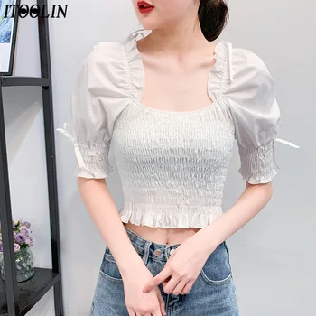 

ITOOLIN Solid Female Blouse Pleated Tops Stretchy Ruffle Sleeve Crop Top Women 2020 Summer Ruffled Sexy Slim Fit Shirts