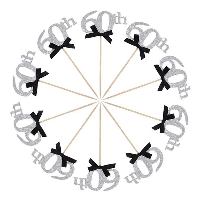 10pcs silver 60th 30 40 50 60 лет для капкейка-День рождения Юбилей взрослых 30th 40th 50th 60th украшения для торта на день рождения поставки - Цвет: 10pcs silver 60th