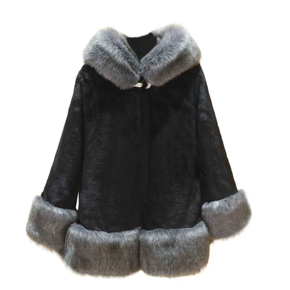 Меховое пальто, искусственное зимнее пальто для женщин, плюс размер, 6XL, с капюшоном, плюшевое пальто, элегантный меховой жилет, манто Fourrure Femme Pelliccia Donna - Цвет: Черный