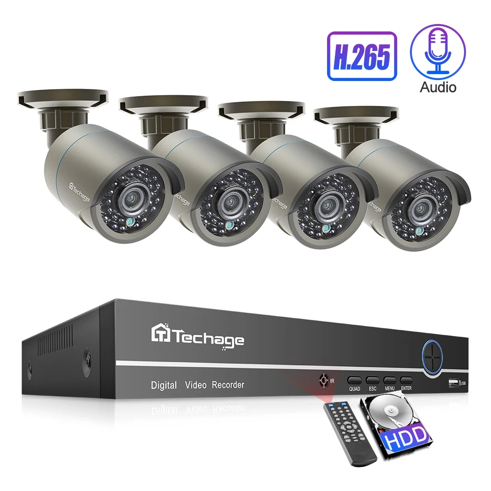

Techage 4CH 1080P h.265 POE Camera NVR System 2mp Audio Sound CCTV Surveillance Kit Weatherproof Video Home Security Set 2TB HDD