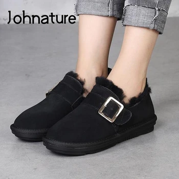 

Johnature Warm Flats Women Shoes Plush Winter 2020 New Genuine Leather Round Toe Casual Shallow Handmade Concise Ladies Shoes