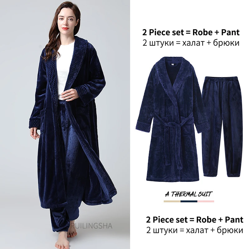 Extra Long Thick Waffle Coral Fleece Winter Warm Bath Robe Men Women Flannel Kimono Bathrobe Male Dressing Gown Mens Nightwear pajama pants