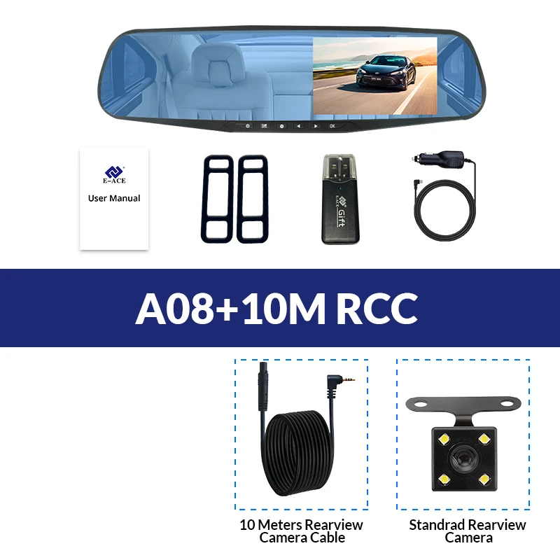 E-ACE Full HD 1080 P Автомобильный видеорегистратор Камера Авто 4.3 дюймов Зеркало заднего вида цифрового видео Регистраторы объектив registrat видеокамера - Название цвета: A08-10 RCC