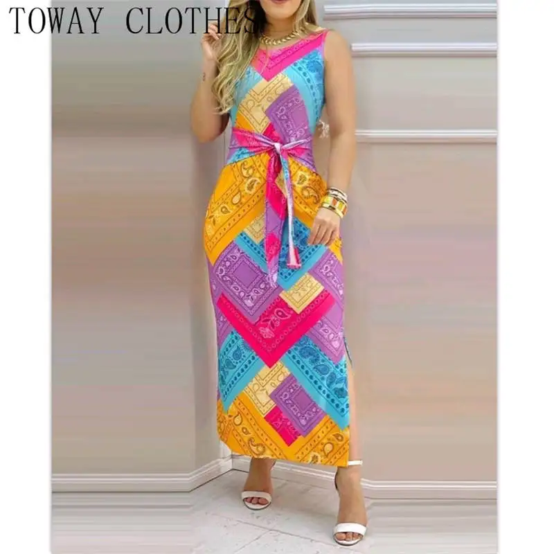 

Женское летнее платье на бретельках с принтом пейсли и разрезом, шикарные платья без рукавов с круглым вырезом