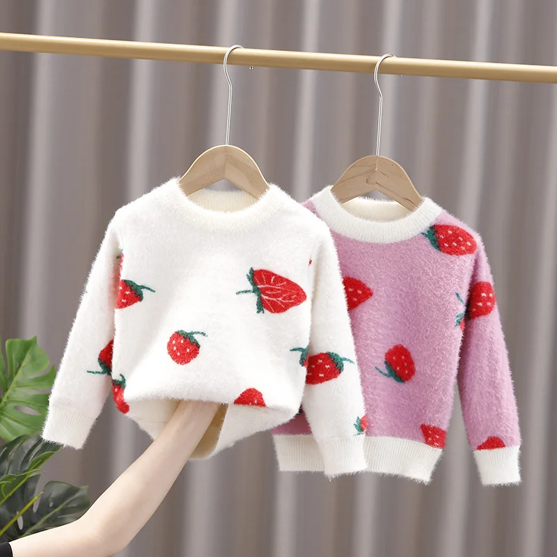 

Girls Boys Sweater Kids Coat Outwear 2022 Strawberry Plus Velvet Thicken Warm Spring Autumn Knitting Wool Cotton Tops Teen Child