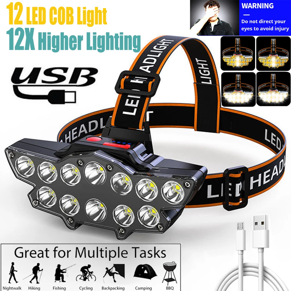 12 LED 1200Lumens Super Bright Headlight Headlamp USB Rechargeable Head Lamp Waterproof Torch Lantern for Camp Fish Outdoor | Лампы и