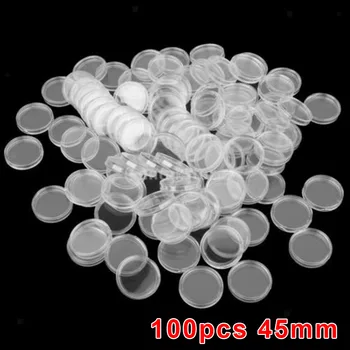 

100pc 45mm Clear Round Plastic Coin Capsule Container Storage Box Holder Case