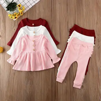 

Baby girl clothes children girls solid color baby long sleeve solid color knitted tops ruffled clothes baby girl trousers suit