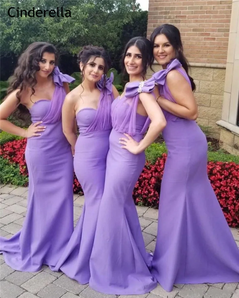 

Cinderella Purple One Shoulder Mermaid Bridesmaid Dresses With Hand Made Bow Trumpet Satin Wedding Party Bridesmaid Dresses