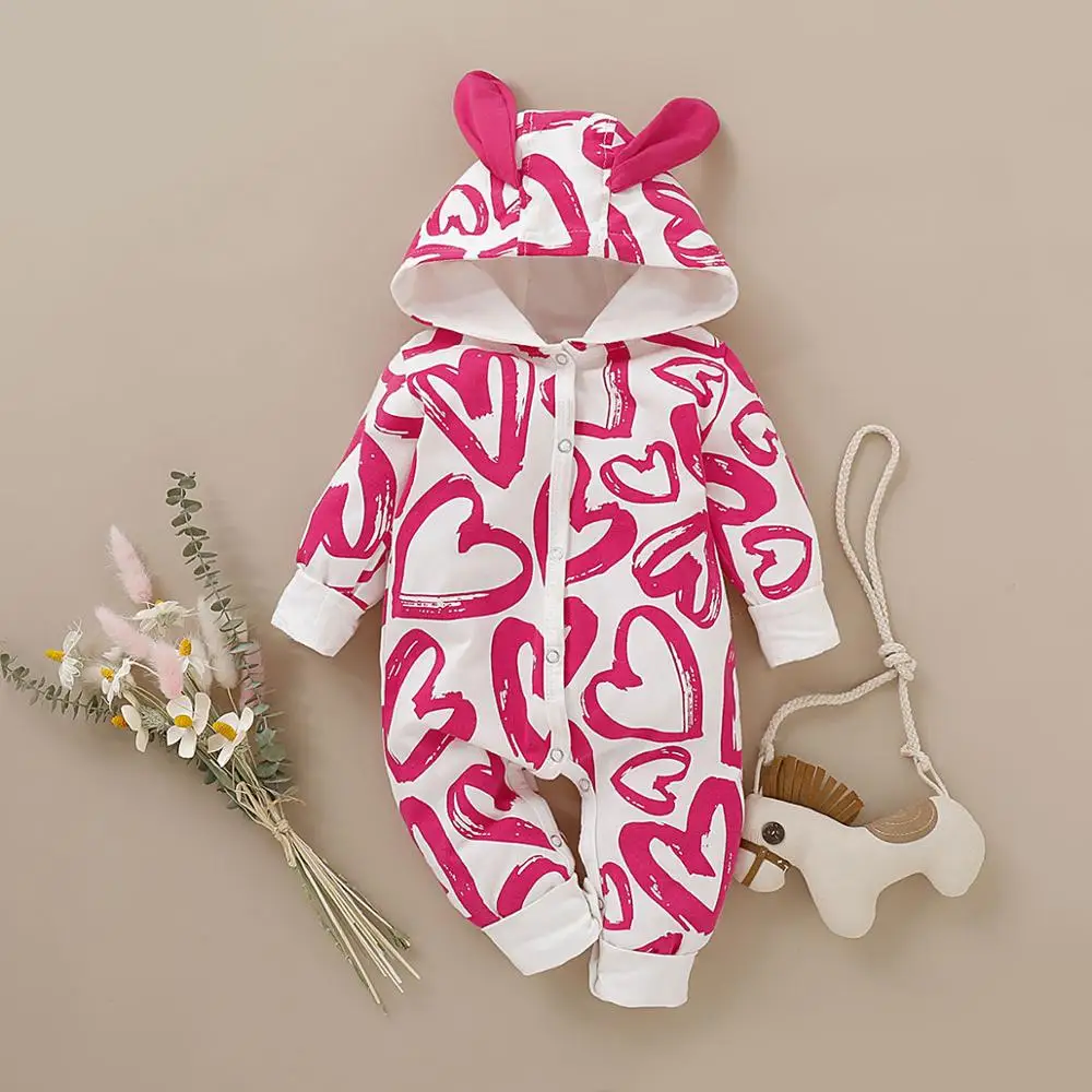 

2019 Autumn Newborn Girls Long Sleeve Hooded Loving Heart Print Casual Jumpsuits Baby Kids Rompers Cotton Infant Toddler Clothes