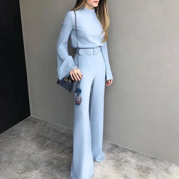 

2020 Spring Women Fashion Elegant Office Workwear Casual Jumpsuits High Neck Bell Sleeve Wide Leg Romper With Belt