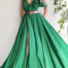Сексуальное зеленое выпускное платье с v-образным вырезом, ТРАПЕЦИЕВИДНОЕ платье из тафты с разрезом спереди и цветами на бретелях, длинное вечернее платье, vestido de festa longo