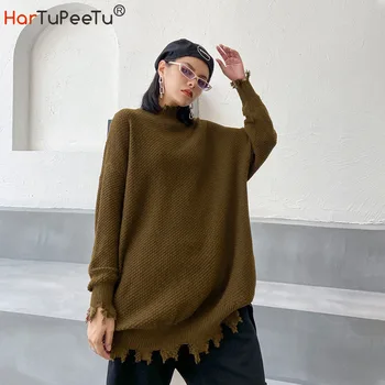 

Cropped Turtleneck Sweater Women 2020 Oversize Winter Loose Knitted Pollover Sweaters Solid Tear Hem and Cuff Design 3 Colours