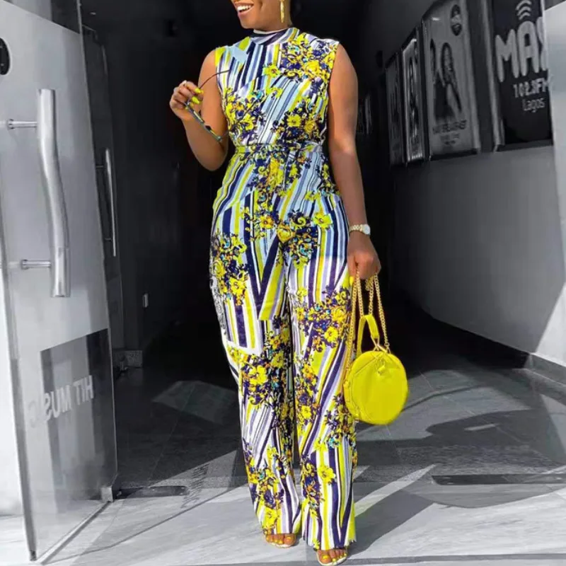 Women Jumpsuit Printed High Waist Sleeveless Elastic with Waist Belt Wide Leg African Lady Large Size Casual Fashion New Summer Women Jumpsuit Printed High Waist Sleeveless Elastic with Waist Belt Wide Leg African Lady Large Size Casual Fashion New Summer