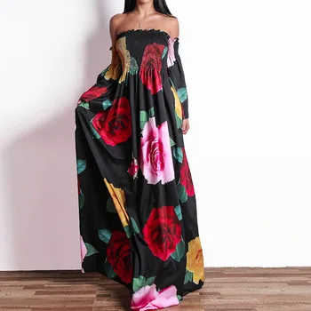 

2020 Women Sexy One-Neck Flower Print Dress Off Shoulder Backless Long Sleeve Elegant Dress Summer New Fashion Beach Vestidos