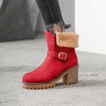 

Fashion Warm Winter Block Hih Heels Ankle Boots for Women Red Green Black Platform Ladies Shoes Suede Punk Woman Bootie
