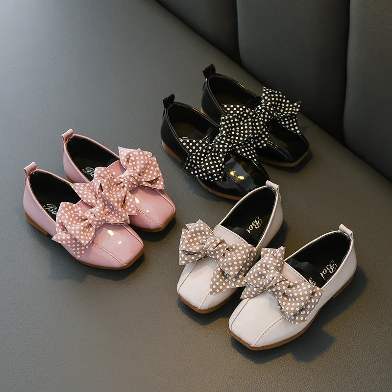 

2019 Spring Autumn Girls Shoes Patent Leather Flats Big Girl Loafers Dot Butterfly Knot Slip on Shoes For Baby Kids Shoes 1-12y