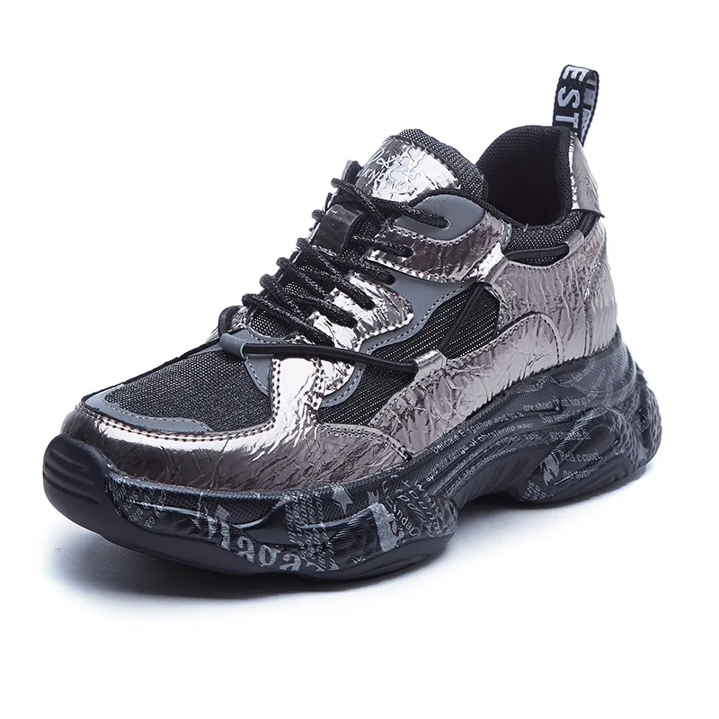 

Fashion Sequins Platform Casual Women's Shoes 2020 Spring Autumn Black New Microfiber Mesh Yarn Color Matching Lace Sneakers