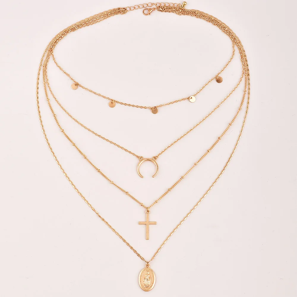 

Popular Bohemian New Style Moon Cross Wafer Pendant Multilayer Women's Necklace Ornament A0079