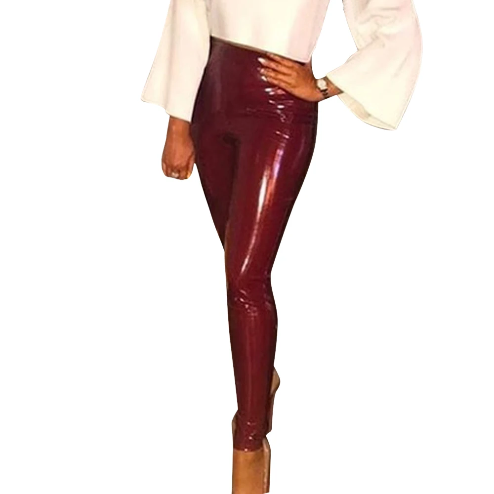 Осень Высокая Талия Штаны из искусственной кожи Для женщин Зимние новые модные однотонные узкие брюки для девочек женские узкие пикантные розовые Искусственная кожа Леггинсы